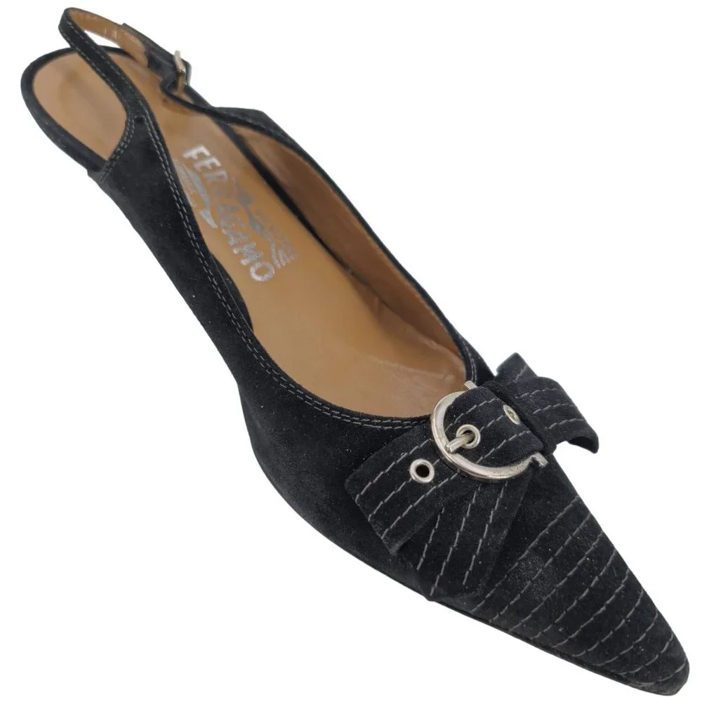 Vintage Salvatore Ferragamo Black Striped Suede Formal Slingback Kitten Heel 8AA - Picture 3 of 16